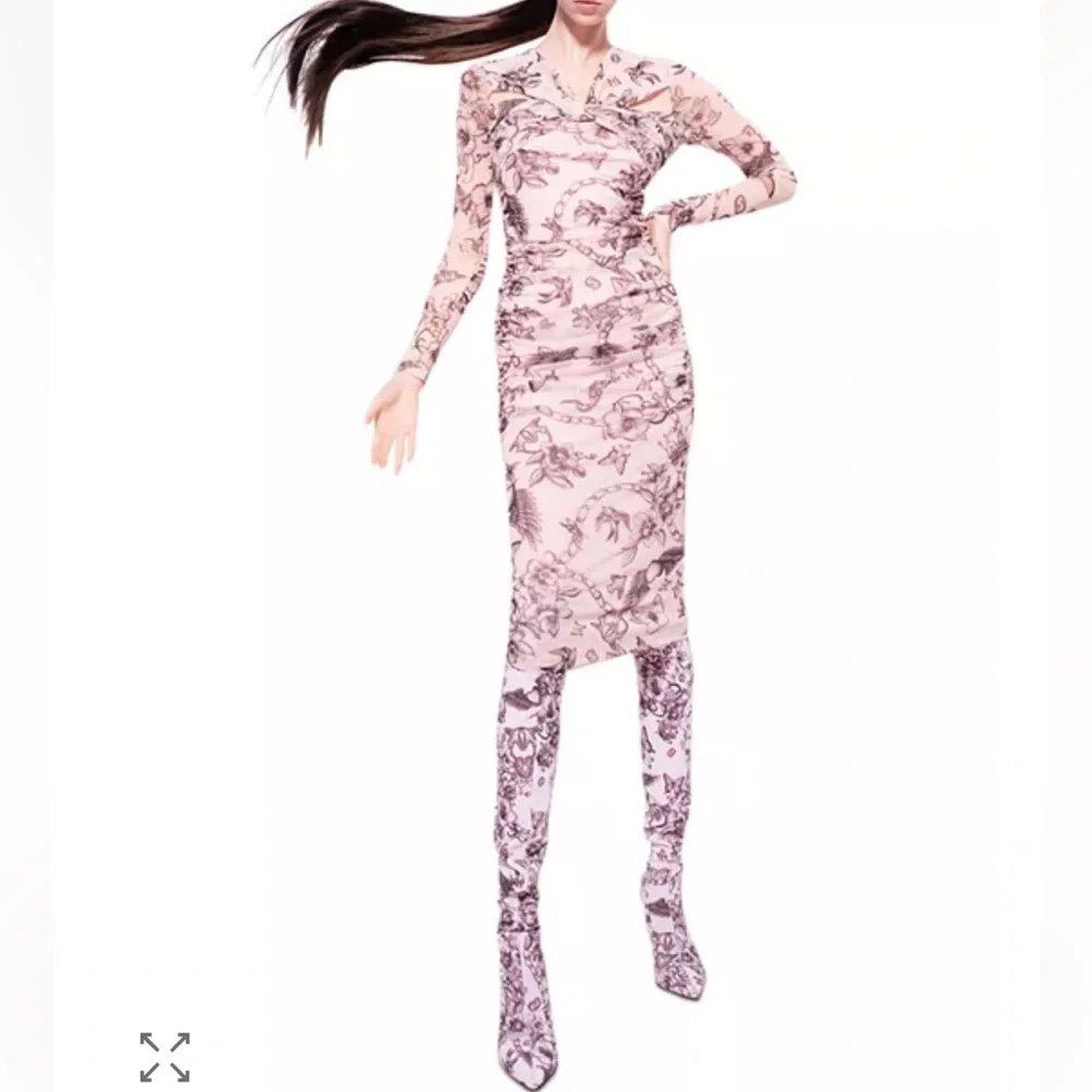Pinko Aderente Tattoo Print Floral Pink Ruched Mesh Long Sleeve Dress Size L NWT - Picture 4 of 6